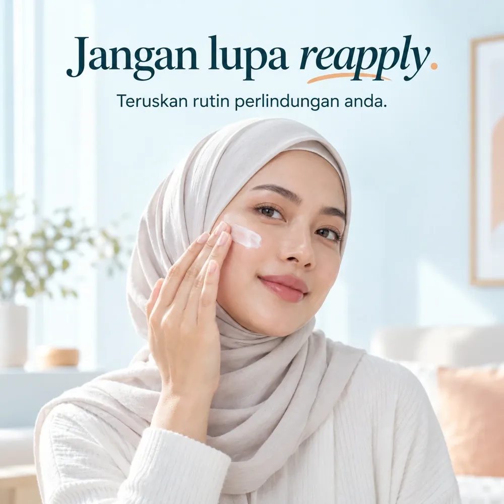 Ilustrasi rutin sapuan semula sunscreen oleh wanita bertudung; bukan testimoni pelanggan