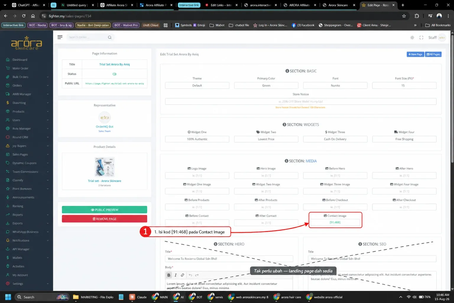 Paparan Fighter.my yang menandakan kod Contact Image serta Hero dan SEO yang tidak perlu diubah