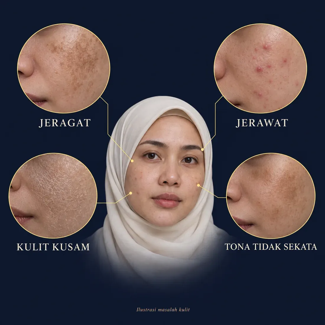 Ilustrasi jeragat, jerawat, kulit kusam dan tona tidak sekata