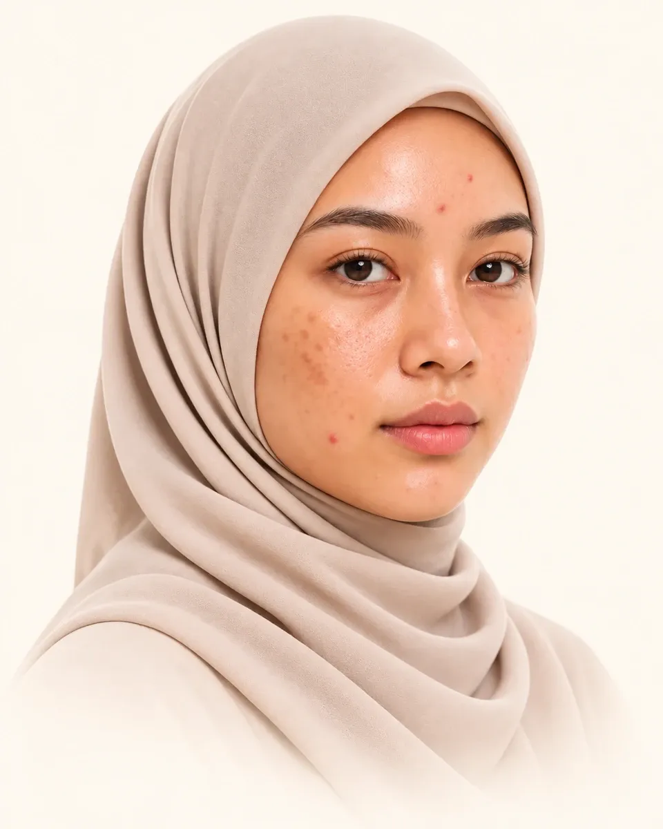 Ilustrasi wanita bertudung dengan tekstur kulit natural, jeragat dan jerawat