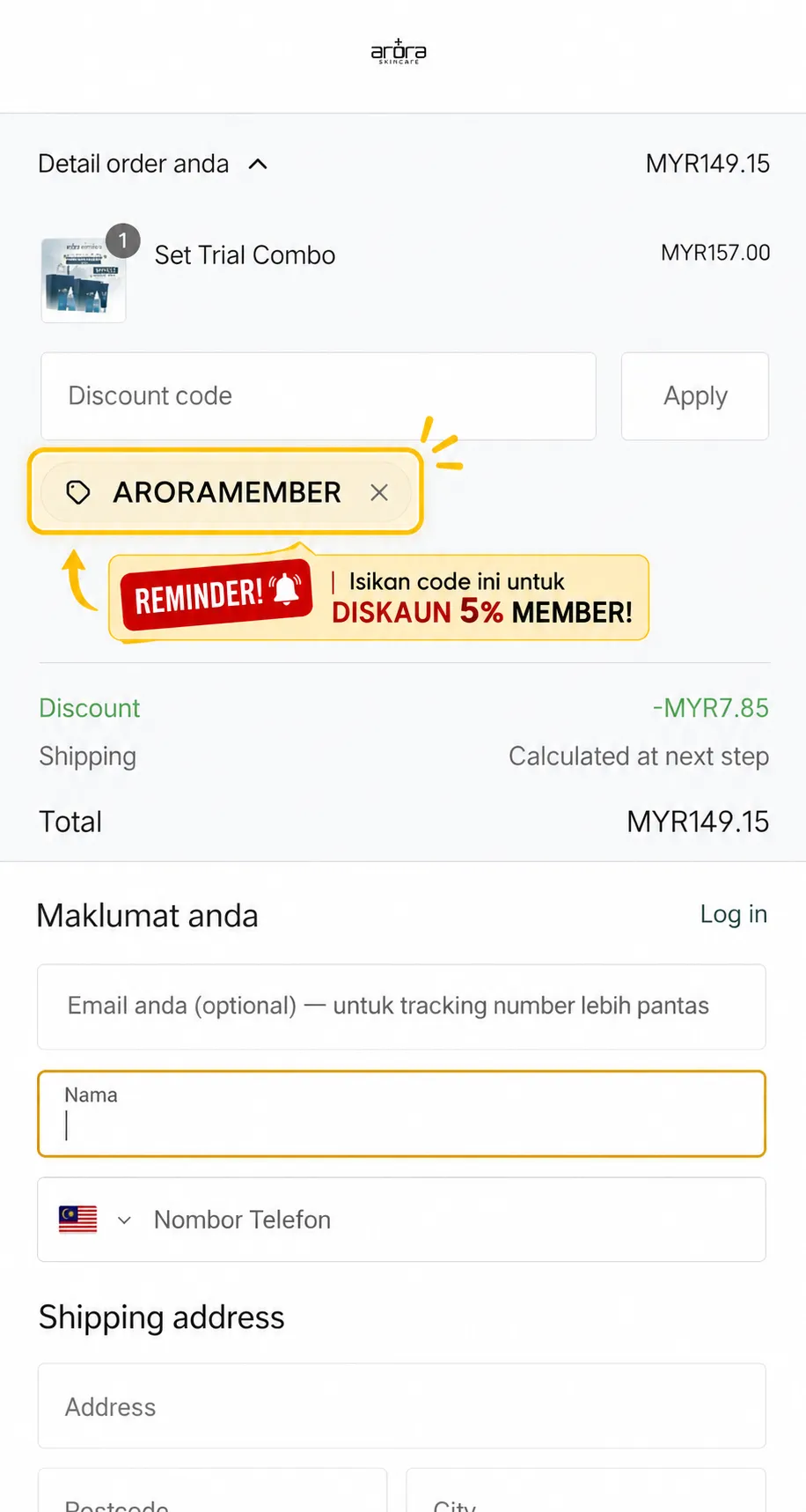 Cara isi kod diskaun ARORAMEMBER