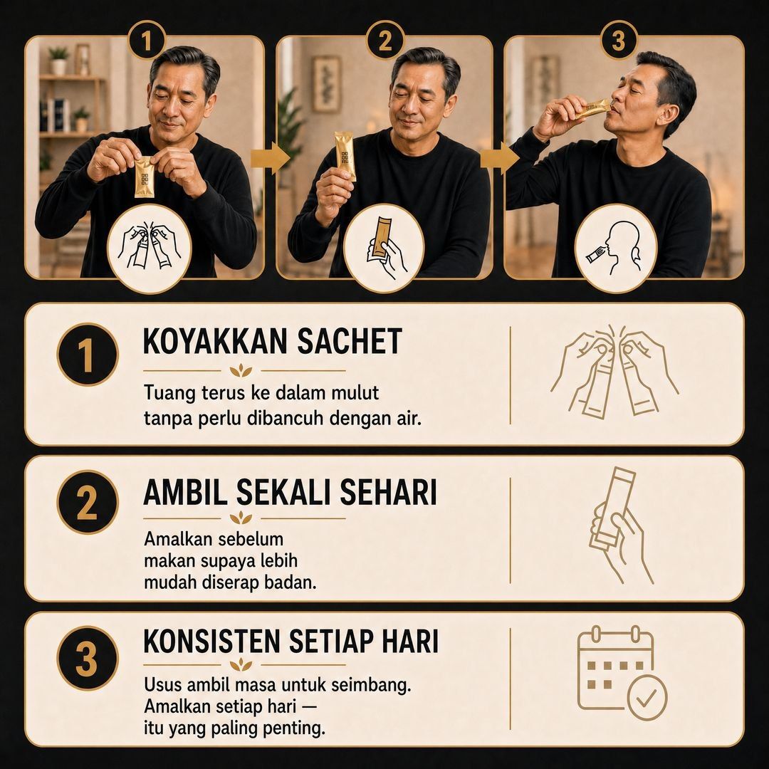Cara penggunaan Triobiotic Cell+ — koyakkan sachet, ambil sekali sehari dan konsisten setiap hari