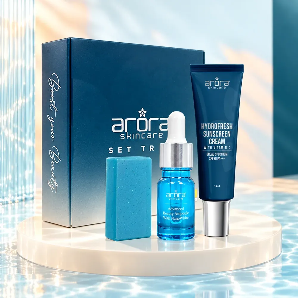 Trial Set Lengkap Arora: Fucowhite Soap, Advanced Beauty Ampoule dan Hydrofresh Sunscreen Mini