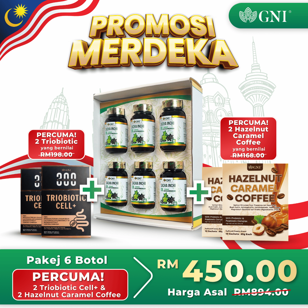 Pakej 6 Sacha Inchi, 2 Triobiotic dan 2 Hazelnut Caramel Coffee