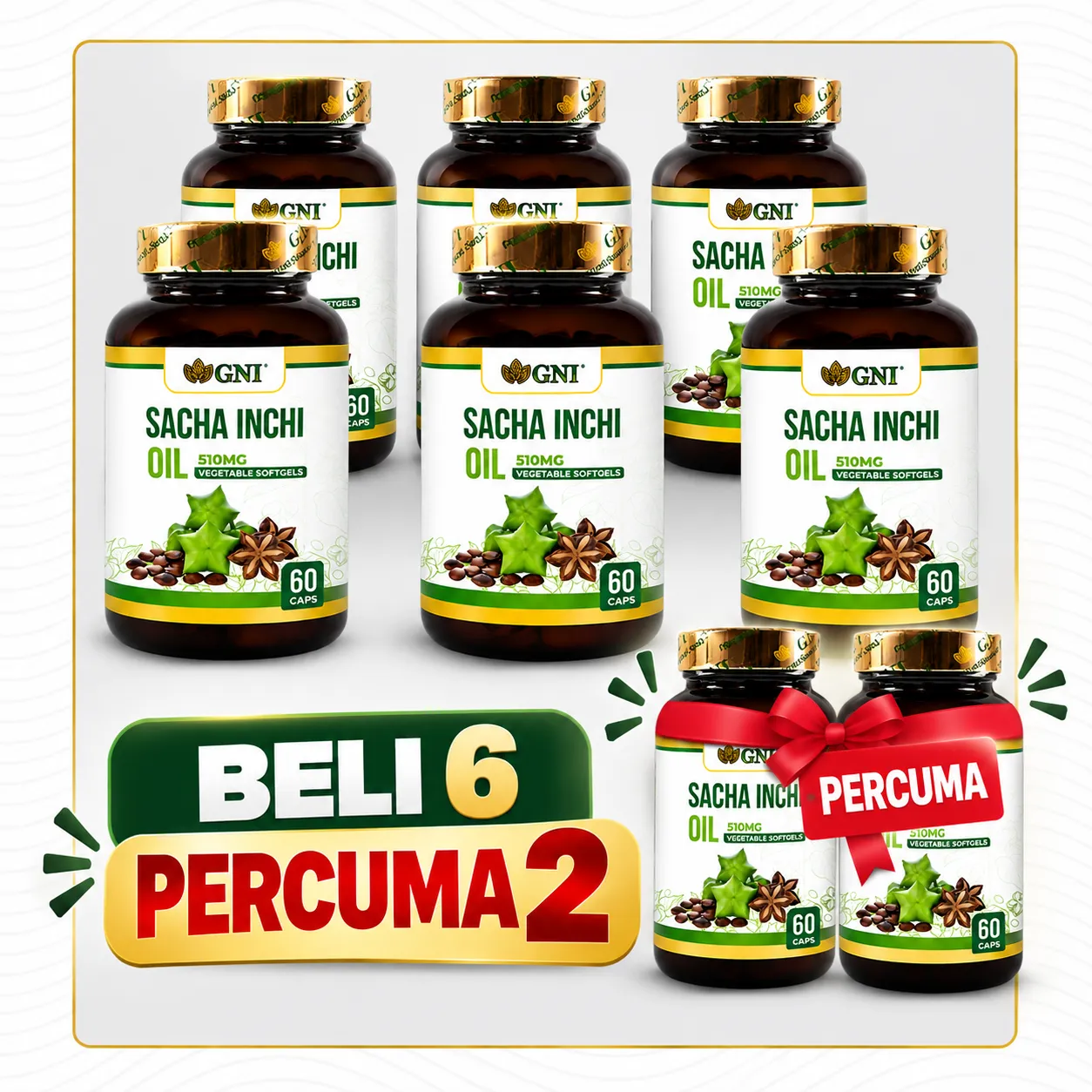 Pakej 6 percuma 2 botol GNI Sacha Inchi