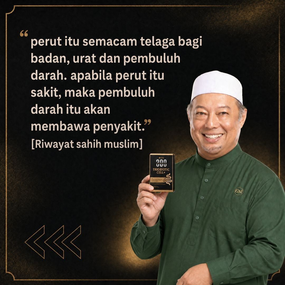 Ustaz Hanafi memegang kotak Triobiotic Cell+ bersama petikan hadis riwayat sahih Muslim tentang perut