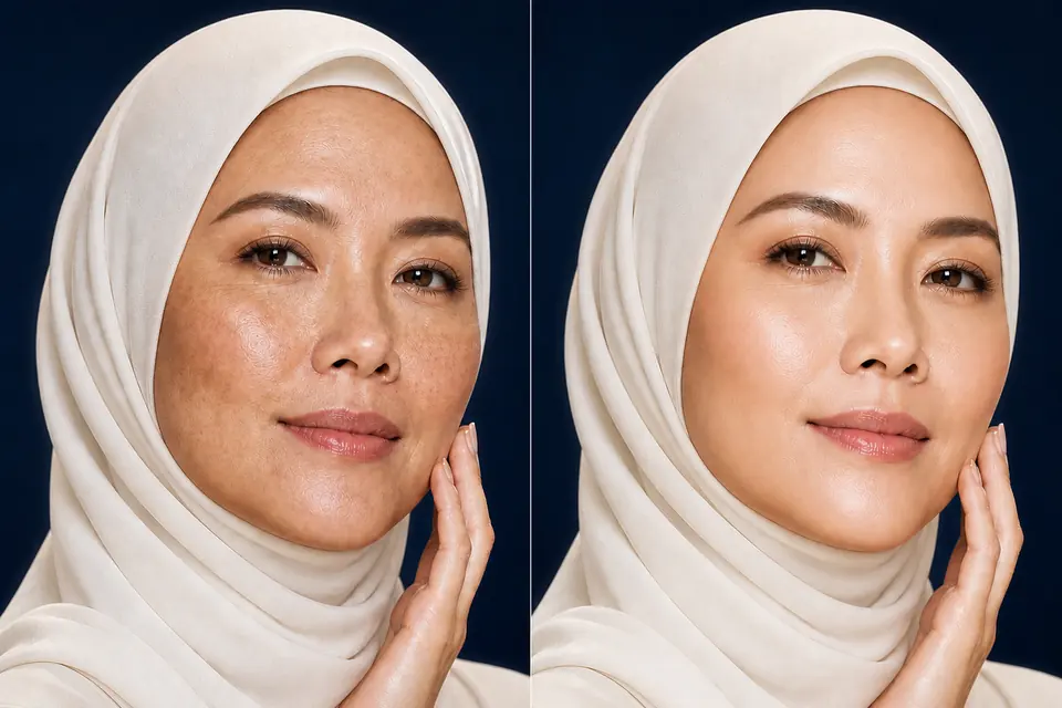 Perbandingan sebelum dan selepas bagi tona kulit