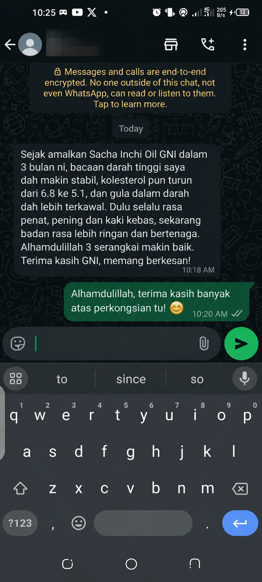 Testimoni WhatsApp pengguna GNI Sacha Inchi