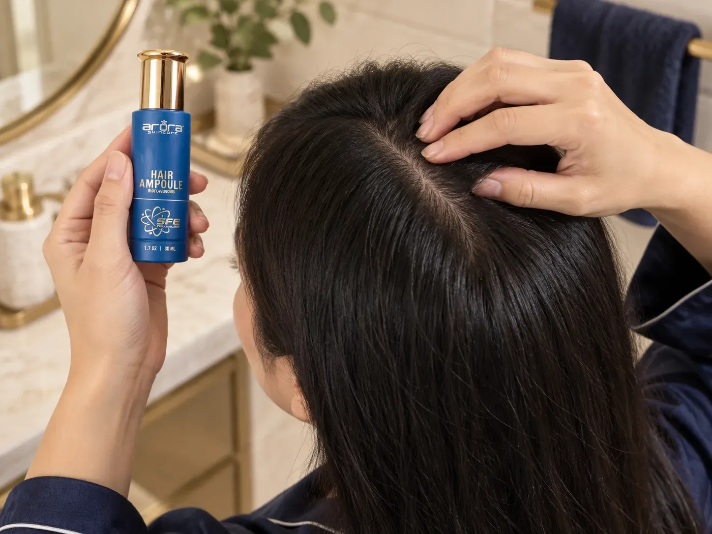 Menggunakan Hair Ampoule Arora pada kulit kepala yang kering
