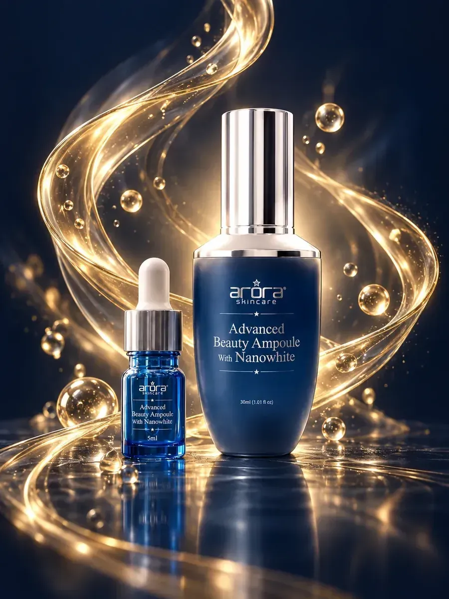 Advanced Beauty Ampoule Arora dengan NanoWhite, botol 30ml dan mini 5ml, dikelilingi aliran emas pada latar navy.