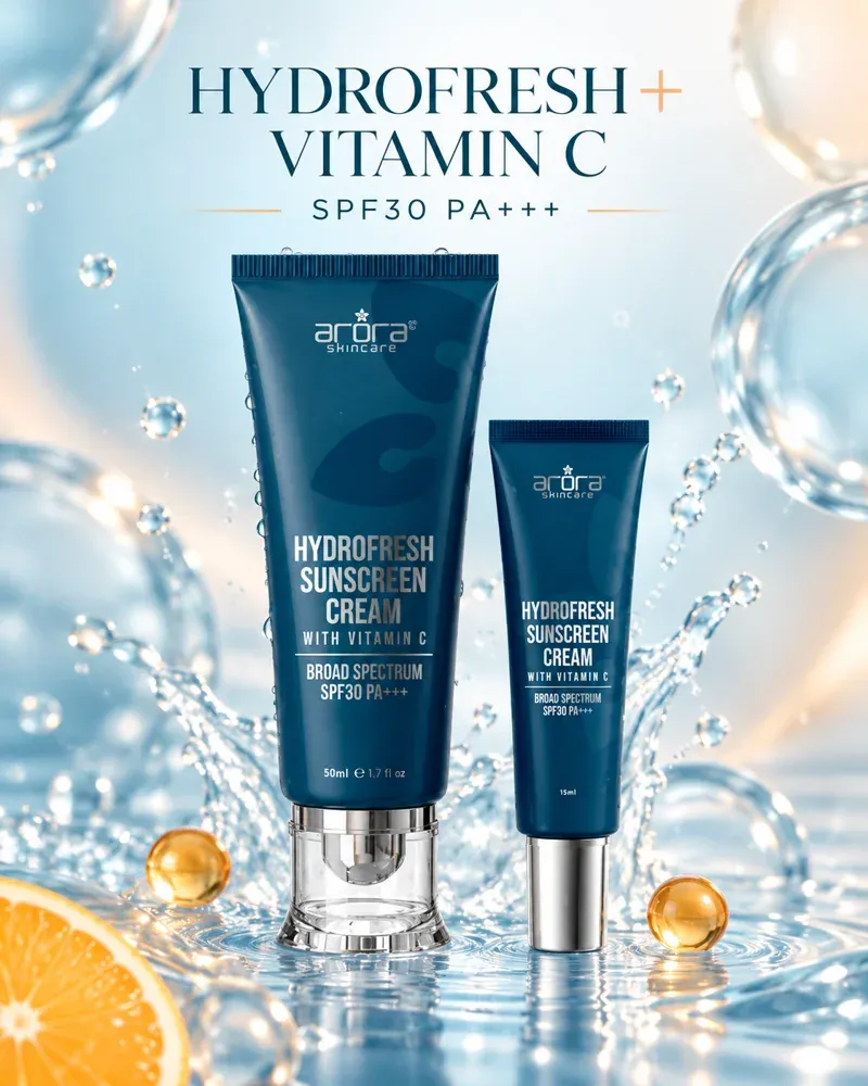 Sunscreen Arora saiz biasa dan mini dengan elemen air Hydrofresh, citrus Vitamin C dan SPF30 PA+++